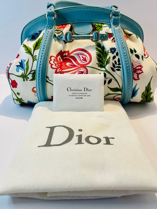 Dior Handbags - Authentic Christian Dior Floral Canvas Boston Bag Blue Leather Trim w/ Dust Bag